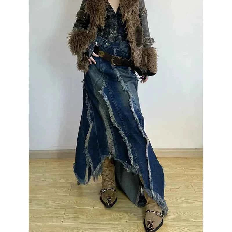 Vusy Kawai Korean Vintage Denim Long Skirt for Stylish Look
