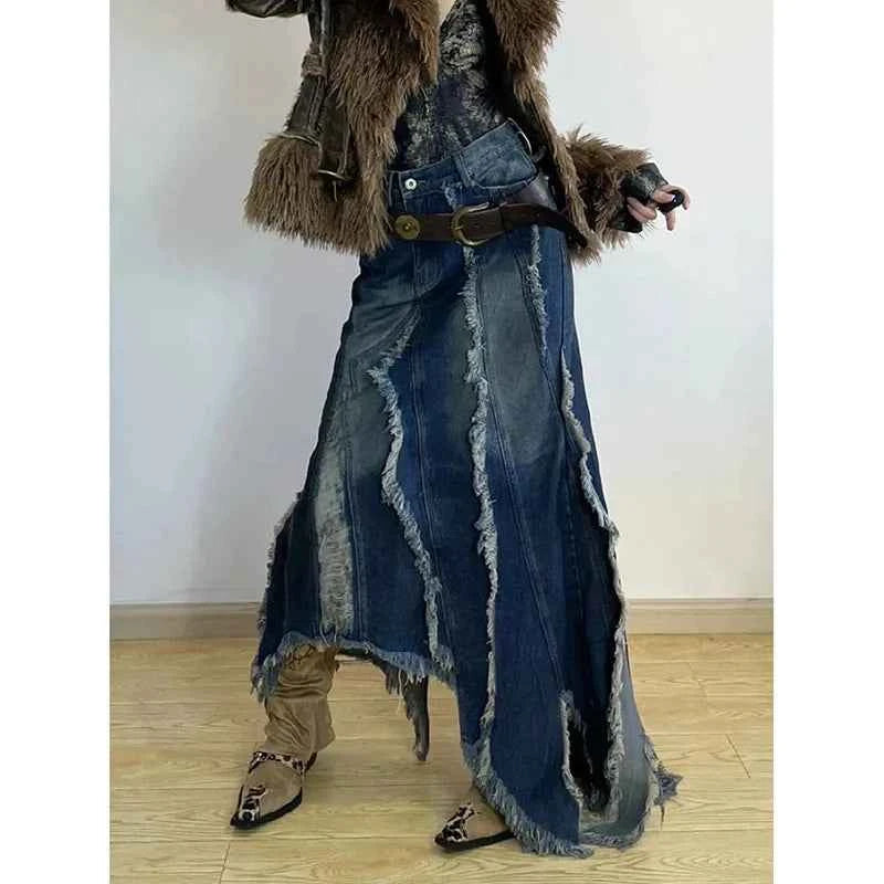 Vusy Kawai Korean Vintage Denim Long Skirt for Stylish Look