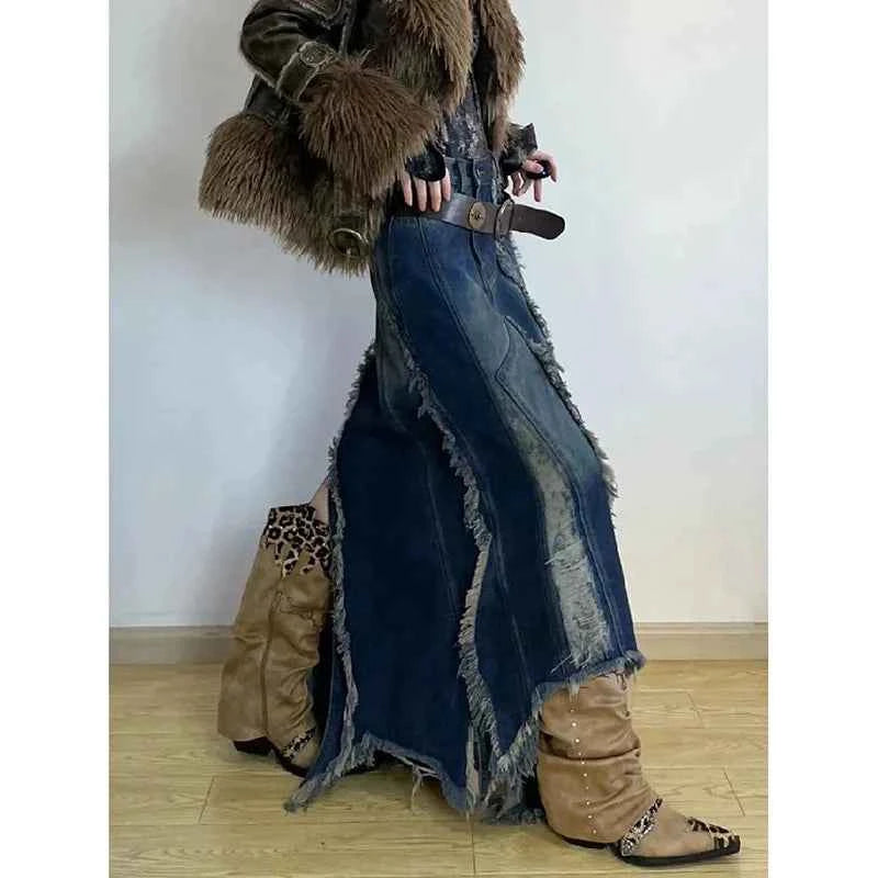 Vusy Kawai Korean Vintage Denim Long Skirt for Stylish Look