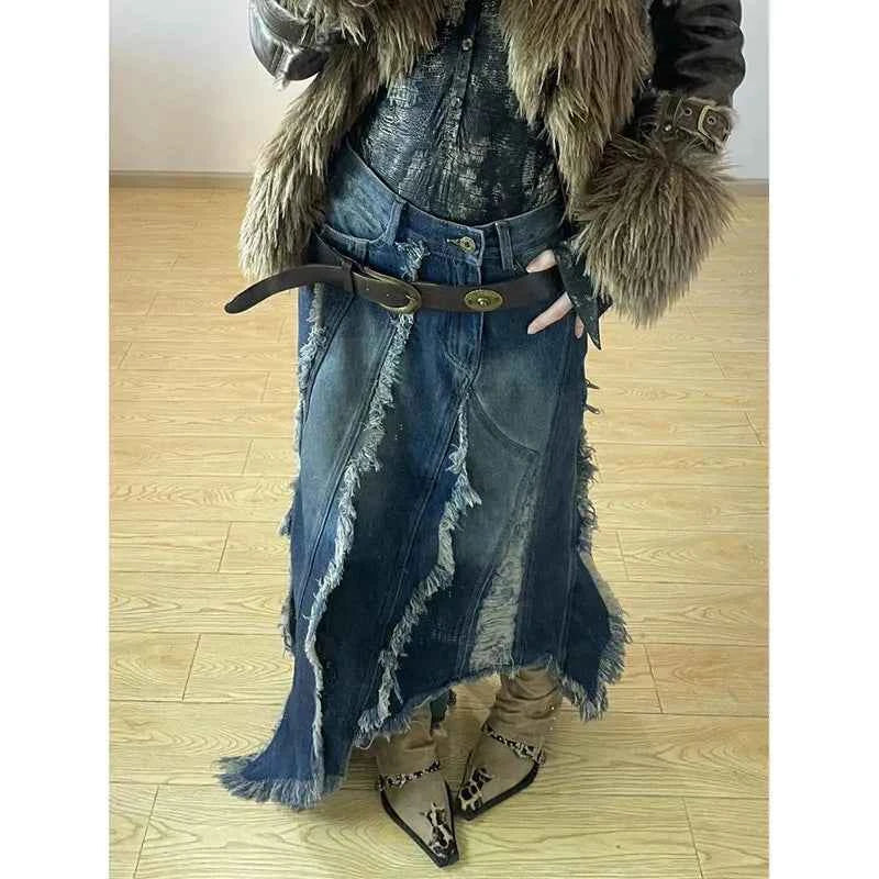 Vusy Kawai Korean Vintage Denim Long Skirt for Stylish Look