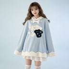Light blue japanese style casual drawstring hoodie with teddy bear and bone design on front