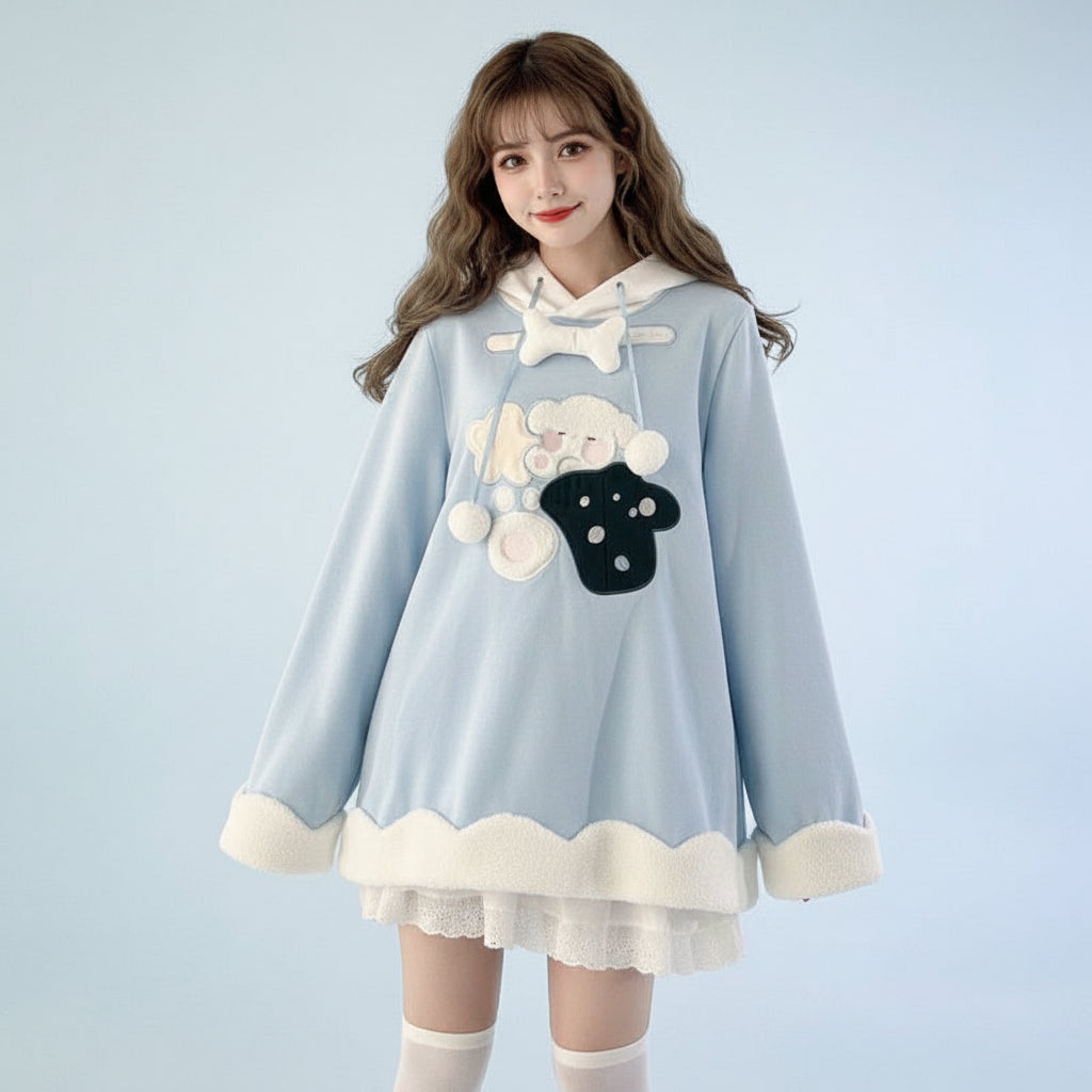 Light blue japanese style casual drawstring hoodie with teddy bear and bone design on front
