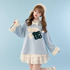 Vusy Kawai Shop Japanese style casual drawstring hoodie in light blue with white plush trim