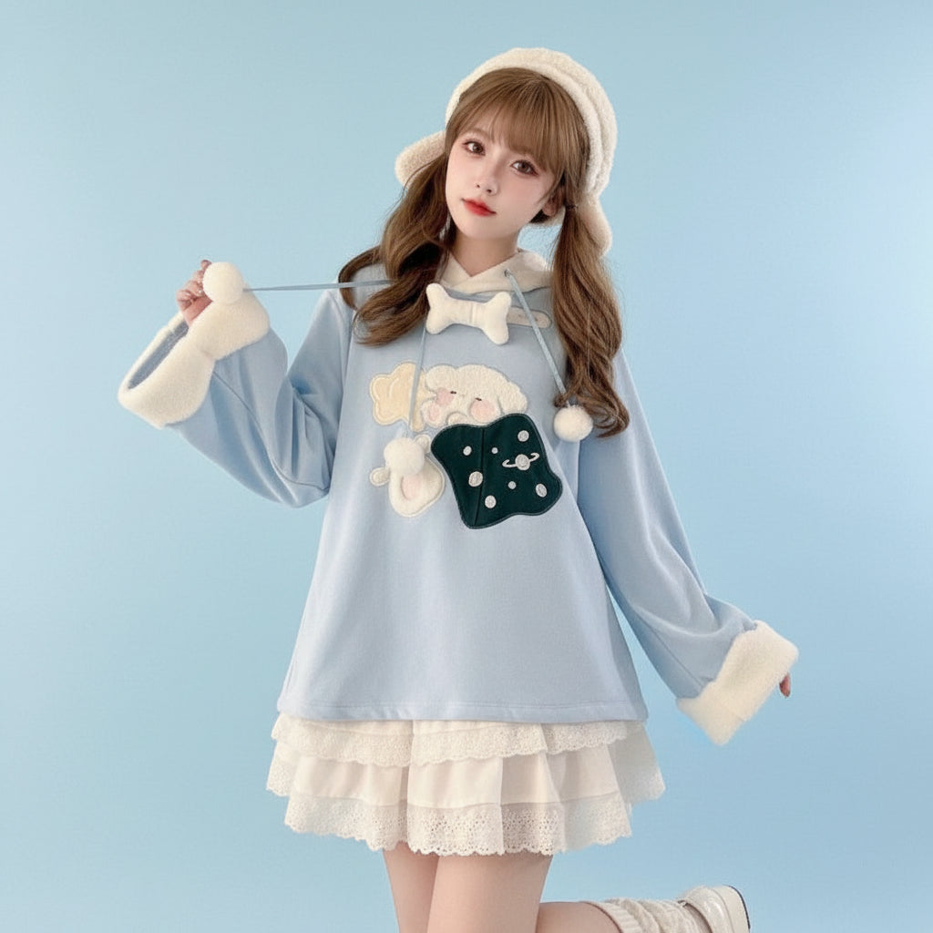 Vusy Kawai Shop Japanese style casual drawstring hoodie in light blue with white plush trim