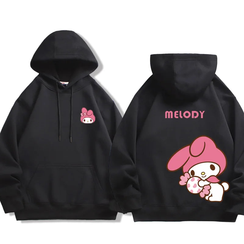 Black Kuromi Melody couple sweatshirt Hooded with pink character print on front and back