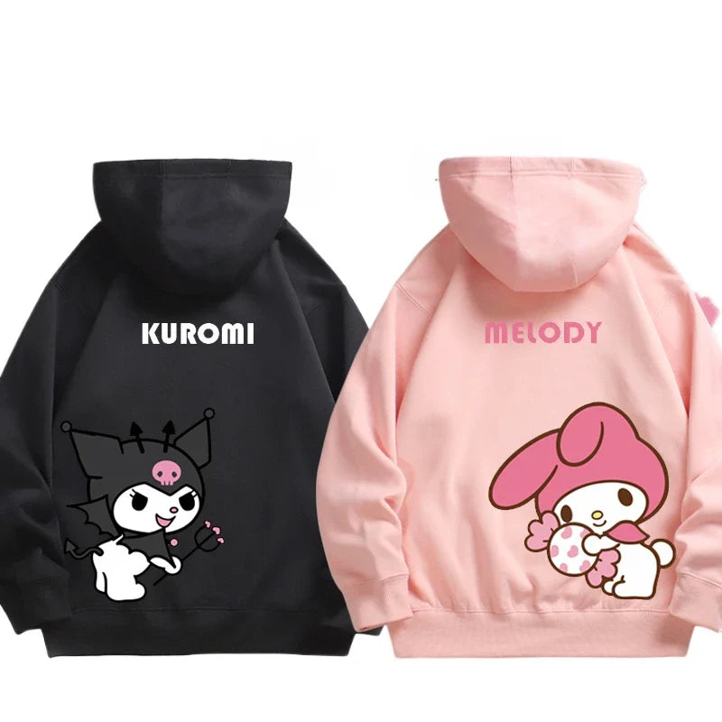 Kuromi Melody couple sweatshirt Hooded set with black Kuromi and pink Melody characters from Vusy Kawai Shop