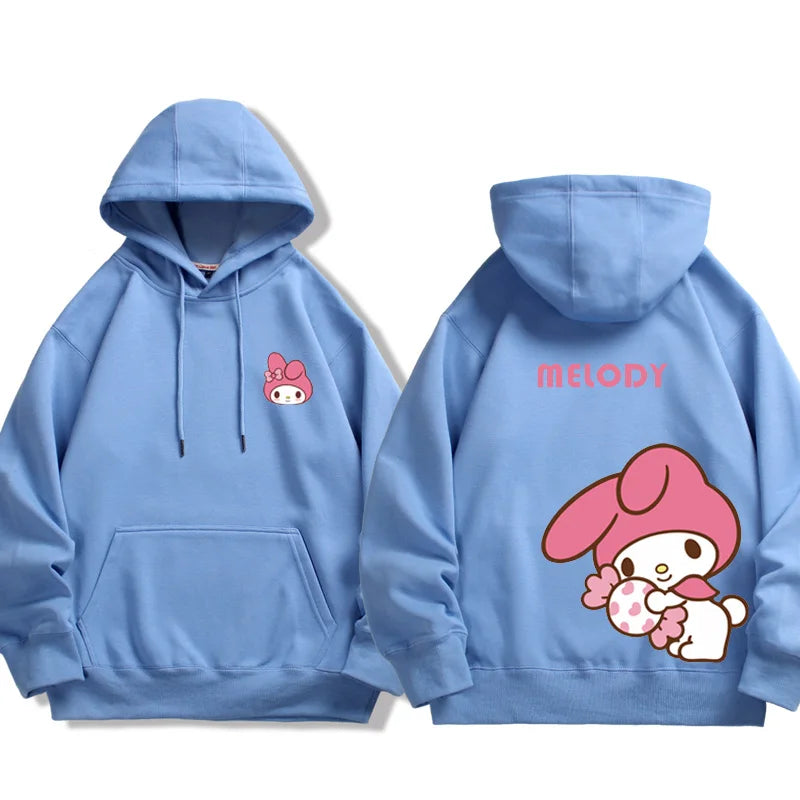 Kuromi Melody couple sweatshirt Hooded light blue with cute character design on front and back