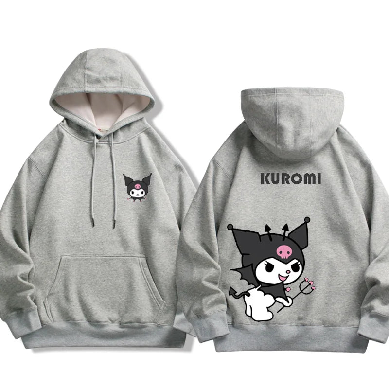 Gray Kuromi Melody couple sweatshirt hooded with small front character and large back cartoon print
