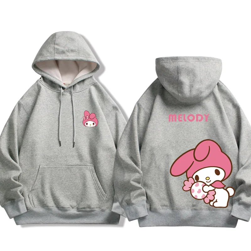 Gray Kuromi Melody couple sweatshirt Hooded with small character on front and large Melody print on back