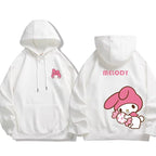 White Kuromi Melody couple sweatshirt Hooded with pink cartoon character and front pocket