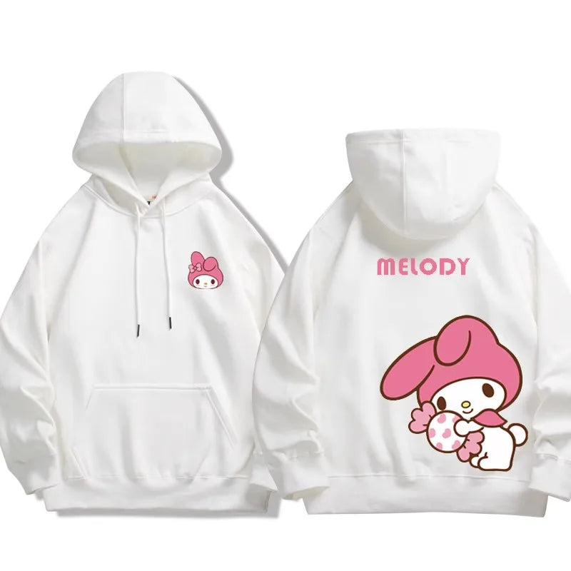 White Kuromi Melody couple sweatshirt Hooded with pink cartoon character and front pocket