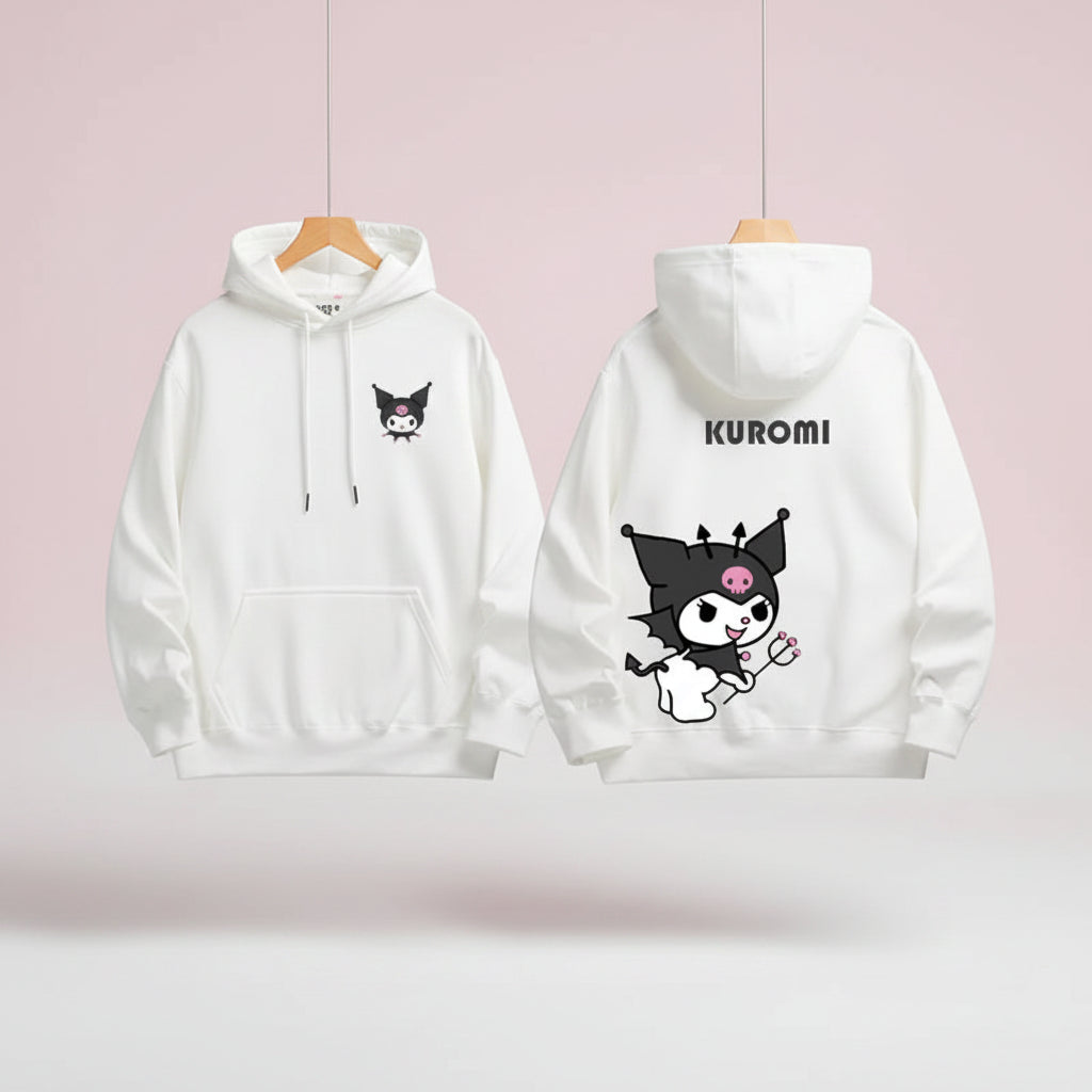 White Kuromi Melody couple sweatshirt Hooded with cartoon character print on front and back