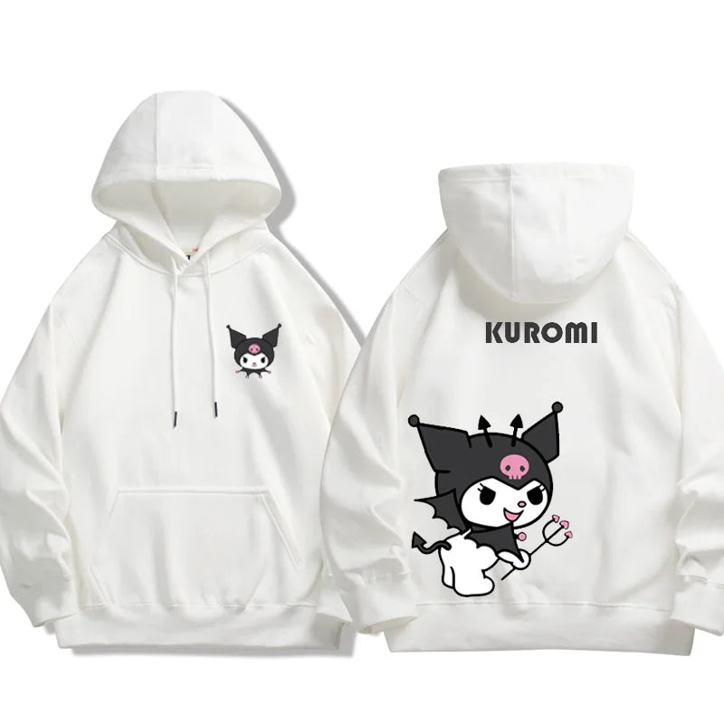 White Kuromi Melody couple sweatshirt Hooded with cartoon character print on front and back