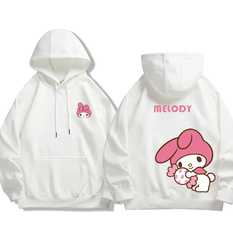White Kuromi Melody couple sweatshirt Hooded with front pocket and pink character design on front and back