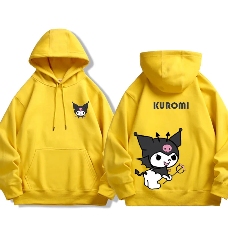 Yellow Kuromi Melody couple sweatshirt hooded with Kuromi character print on front and back