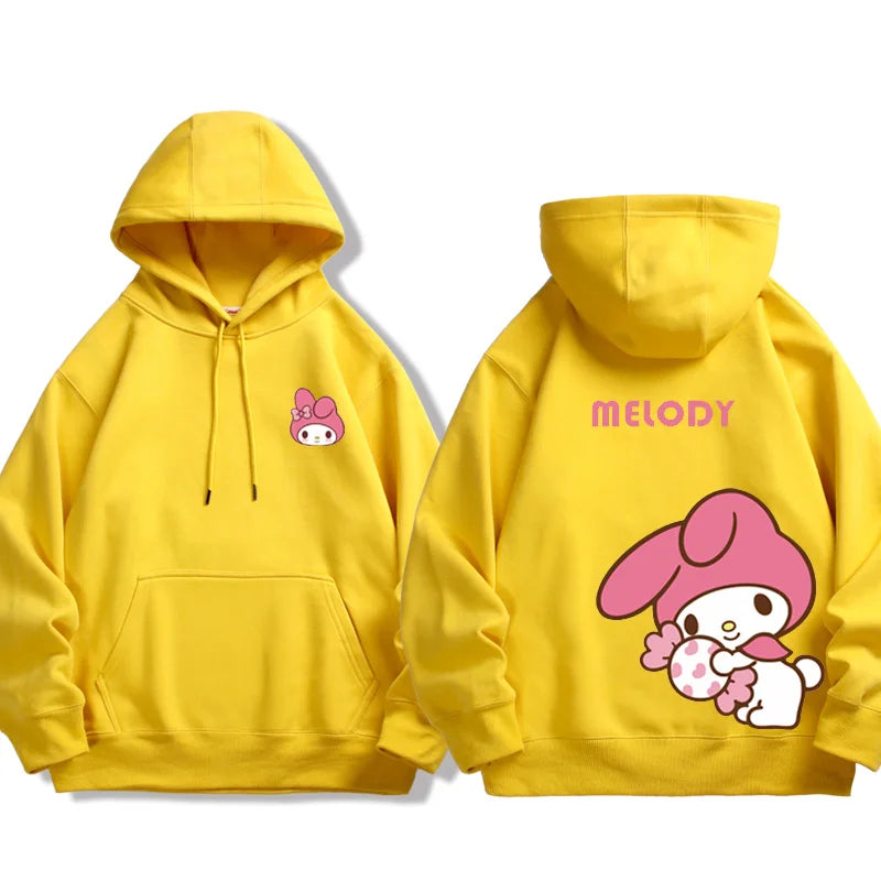 Yellow Kuromi Melody couple sweatshirt Hooded with front and back character prints from Vusy Kawai Shop