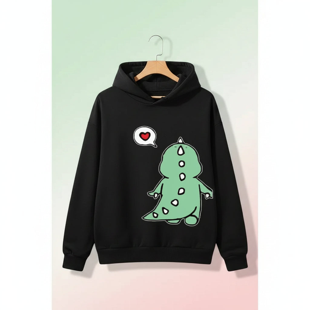 Black hoodie featuring a cute green dinosaur cartoon with a heart speech bubble matching couple hoodies with cartoon design
