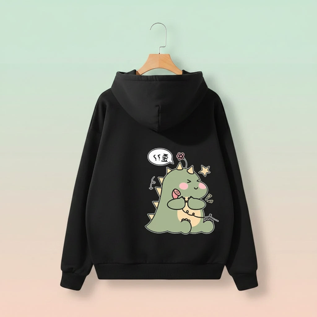 Black hoodie from Vusy Kawai Shop featuring a cute cartoon dinosaur on the back matching couple hoodies with cartoon design