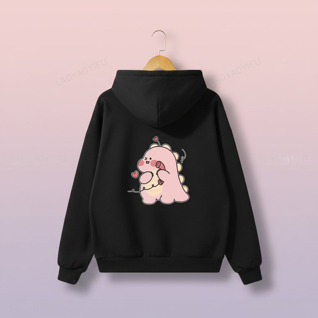 Black hoodie with adorable pink dinosaur cartoon design from matching couple hoodies with cartoon design