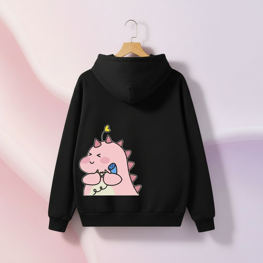 Black matching couple hoodies with cartoon design featuring a cute pink dinosaur hugging a blue heart