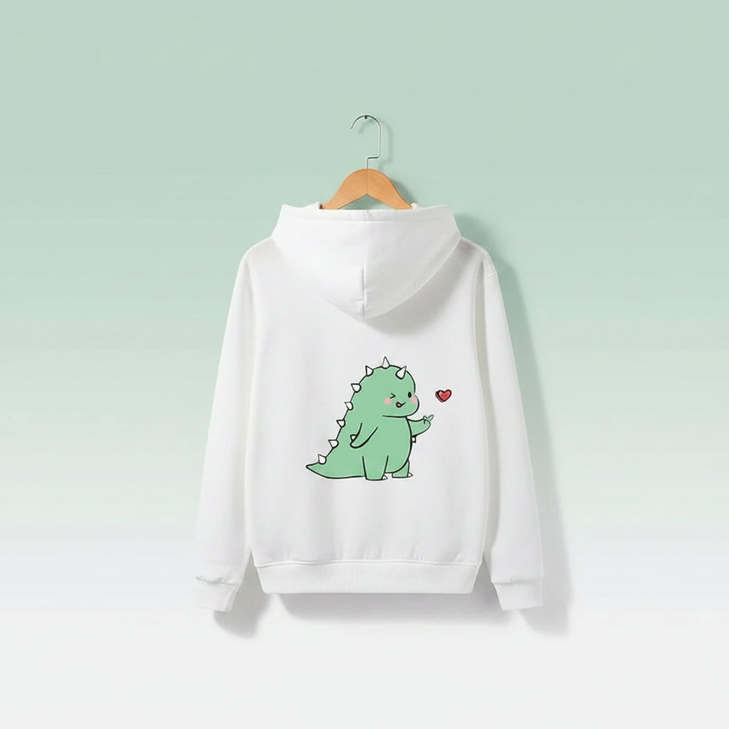 White hoodie with cute green dinosaur cartoon and small red heart matching couple hoodies with cartoon design