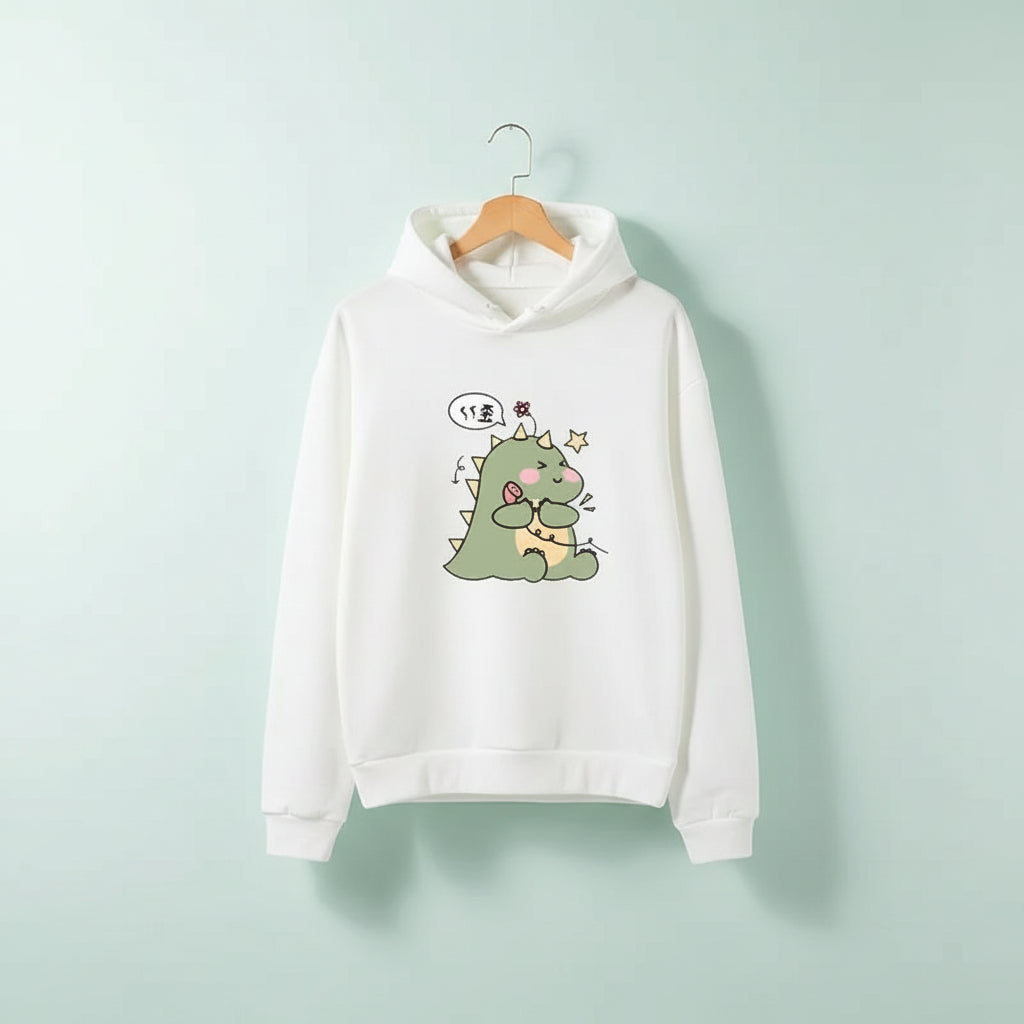 White hoodie featuring cute green dinosaur cartoon design from matching couple hoodies with cartoon design collection