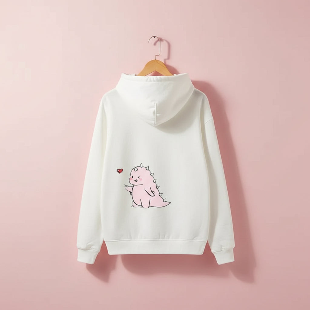White matching couple hoodies with cartoon design featuring a cute pink dinosaur blowing a heart
