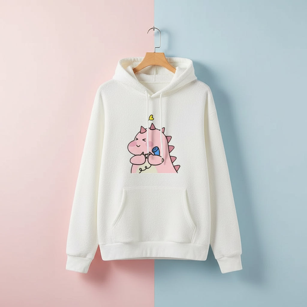 White hoodie from Vusy Kawai Shop featuring a cute pink dinosaur cartoon on back, matching couple hoodies with cartoon design
