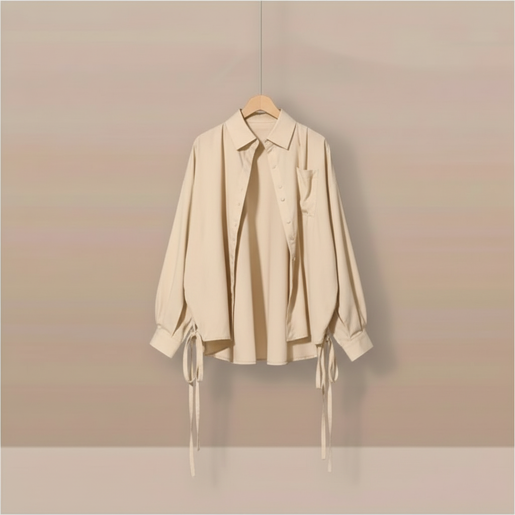 Light beige khaki blouse with side tie ribbons on hanger