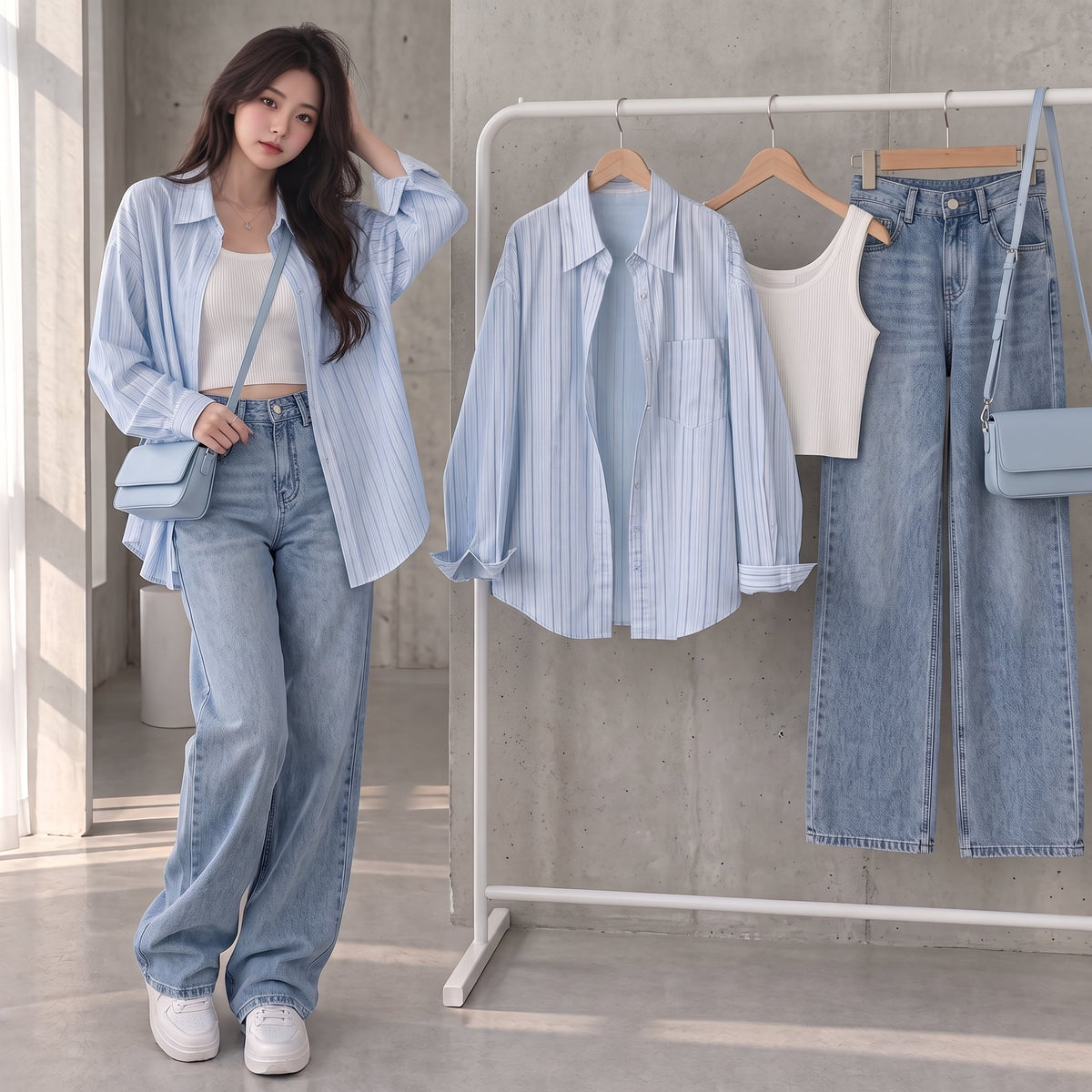 Pinstripe Shirt Knit Crop Top and Wide Leg Jeans 3-Piece Set lifestyle