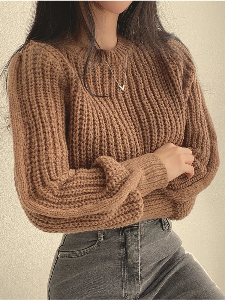 Loose vintage Korean knit sweater in brown with ribbed texture and long sleeves