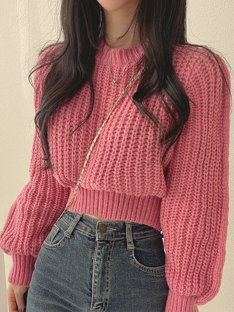 Pink loose vintage Korean knit sweater with balloon sleeves, perfect for cozy outfits