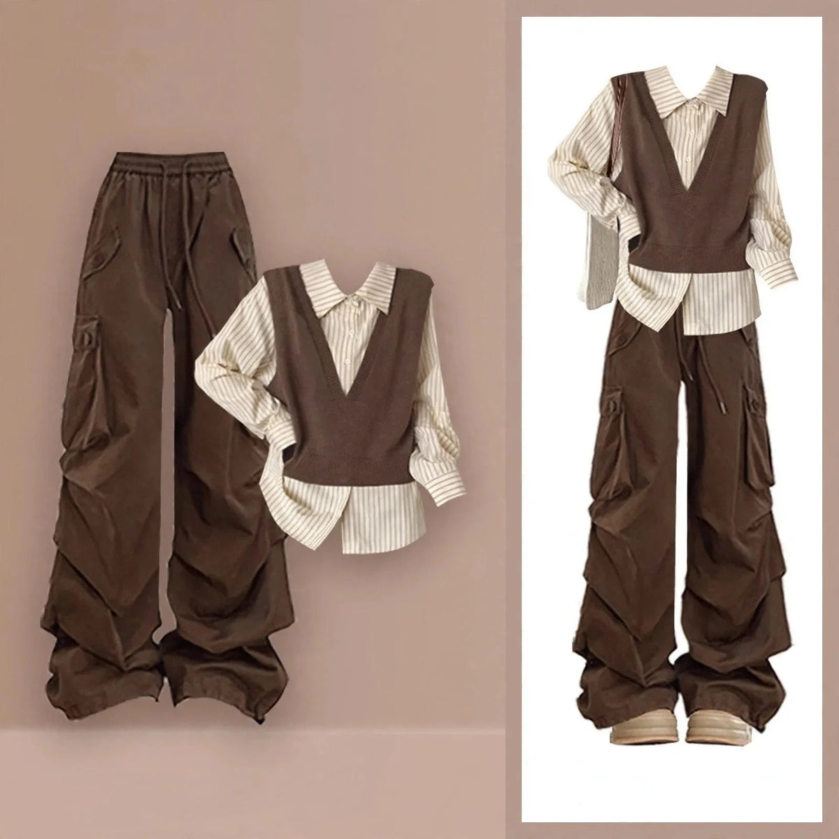 Brown Knit Vest Striped Shirt and Cargo Pants Set, brown knit vest over striped shirt with brown cargo pants, styled set