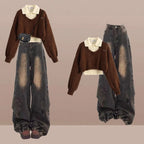 Brown Cropped Sweater Polo and Wide Leg Jeans Set, brown cropped knit sweater with cream polo and gradient wide leg jeans, styled set