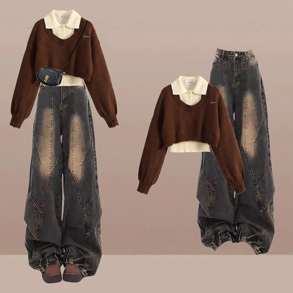 Brown Cropped Sweater Polo and Wide Leg Jeans Set, brown cropped knit sweater with cream polo and gradient wide leg jeans, styled set