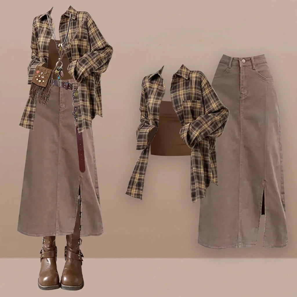 Brown Plaid Shirt Tube Top and Denim Skirt Set, brown plaid flannel shirt with tube top and khaki denim midi skirt, styled flat lay