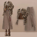 Brown Plaid Shirt Tube Top and Denim Skirt Set