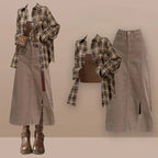 Brown Plaid Shirt Tube Top and Denim Skirt Set, brown plaid flannel shirt with tube top and khaki denim midi skirt, styled flat lay