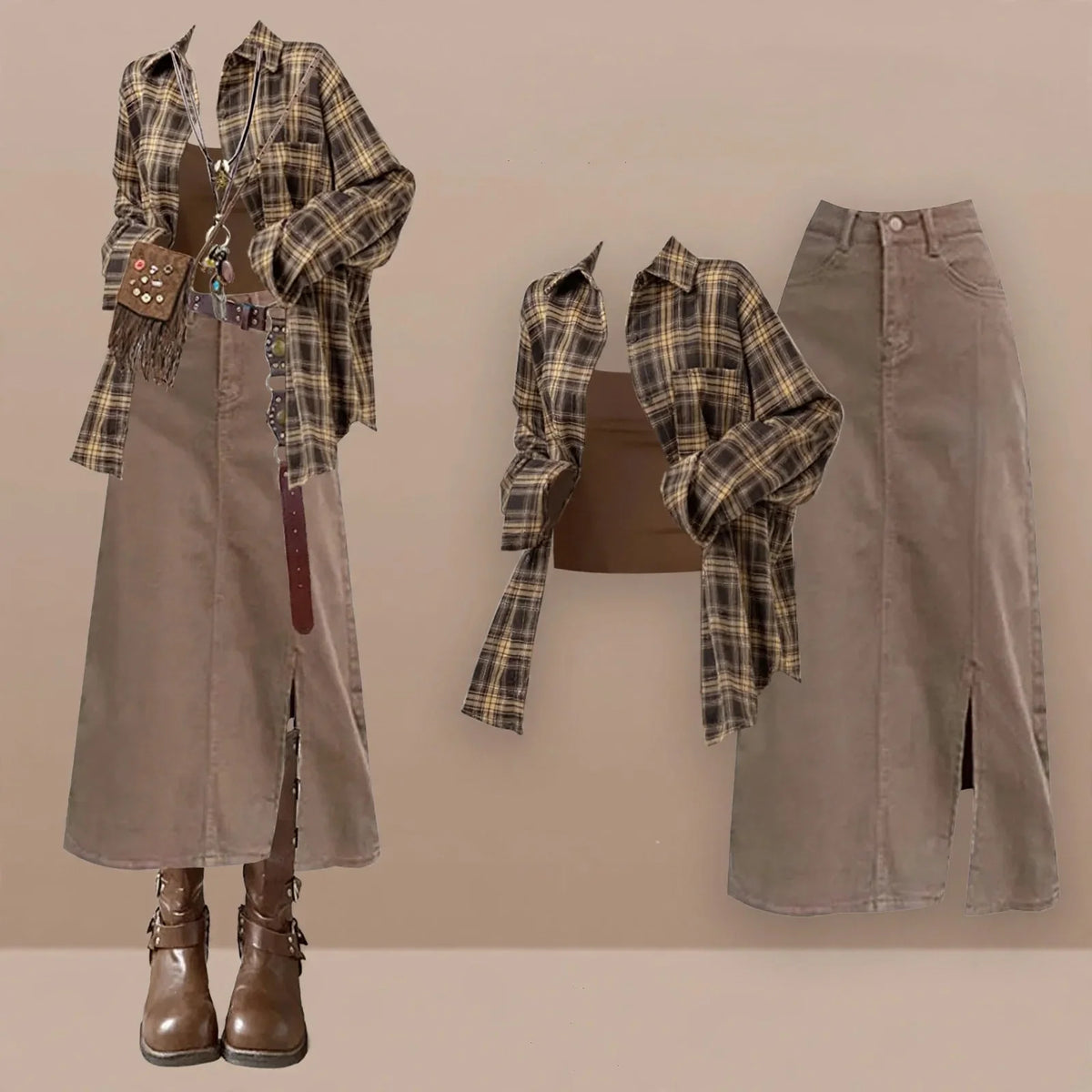 Brown Plaid Shirt Tube Top and Denim Skirt Set, brown plaid flannel shirt with tube top and khaki denim midi skirt, styled flat lay