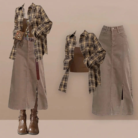 Brown Plaid Shirt Tube Top and Denim Skirt Set, brown plaid flannel shirt with tube top and khaki denim midi skirt, styled flat lay