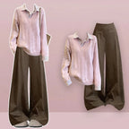 Pink Cable Knit Sweater and Brown Wide Leg Pants Set, styled outfit on model with pink background