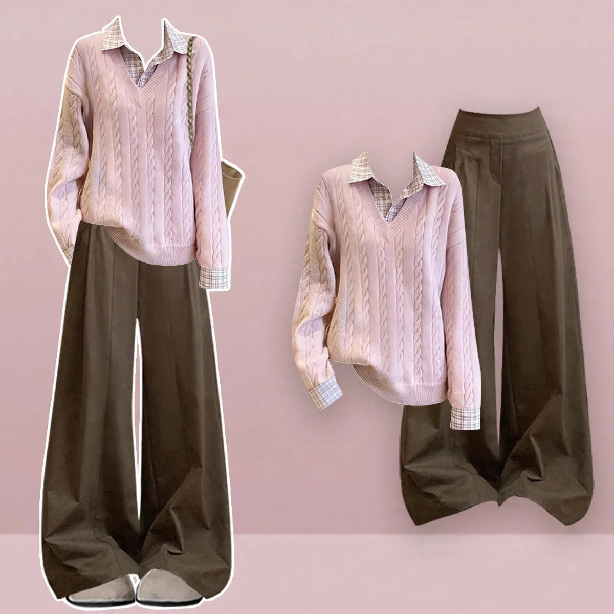 Pink Cable Knit Sweater and Brown Wide Leg Pants Set, styled outfit on model with pink background