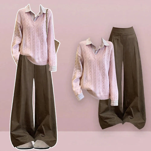 Pink Cable Knit Sweater and Brown Wide Leg Pants Set, styled outfit on model with pink background