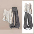 White Lace Trim Knit Top and Gray Pants Set, styled outfit with beige background