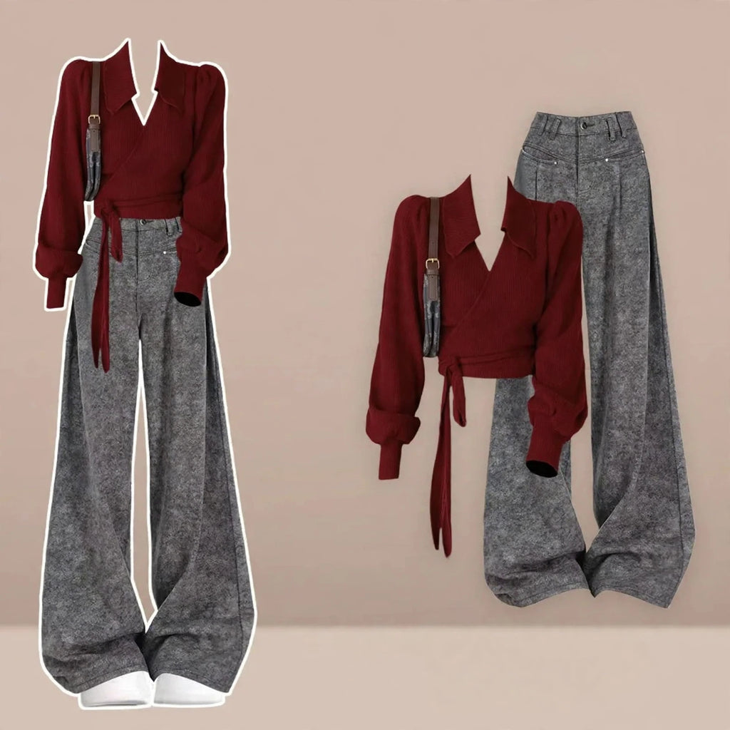 Burgundy Wrap Top and Gray Wide Leg Pants Set, styled outfit on model with beige background