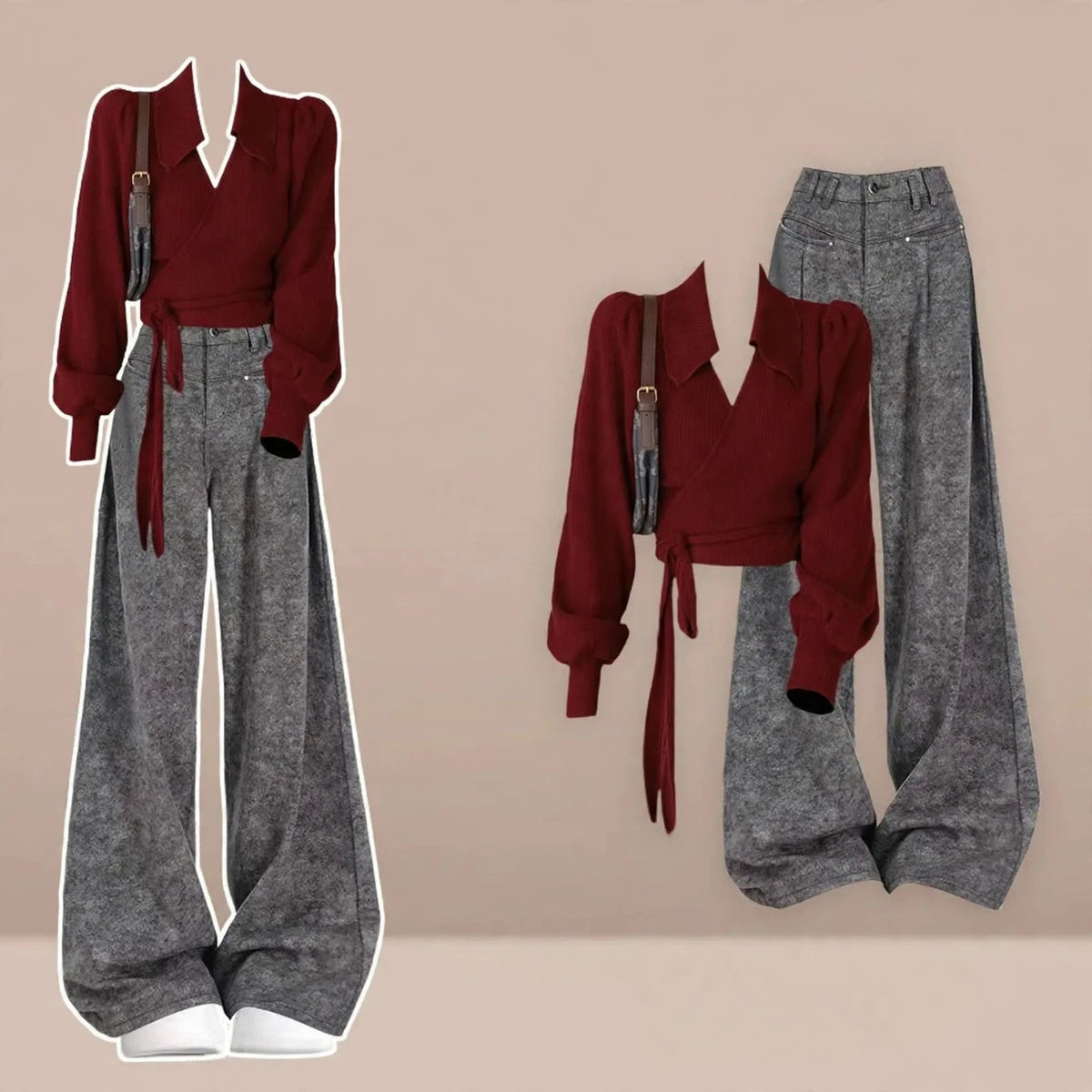 Burgundy Wrap Top and Gray Wide Leg Pants Set, styled outfit on model with beige background