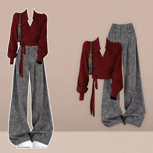 Burgundy Wrap Top and Gray Wide Leg Pants Set, styled outfit on model with beige background