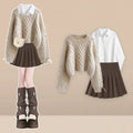 Beige Cable Knit Sweater Shirt and Pleated Skirt Set