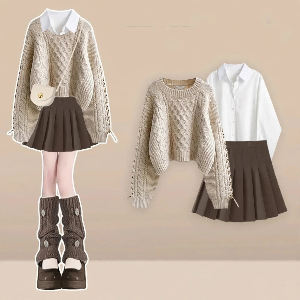 Beige cable knit sweater with white shirt and pleated skirt, full outfit front view