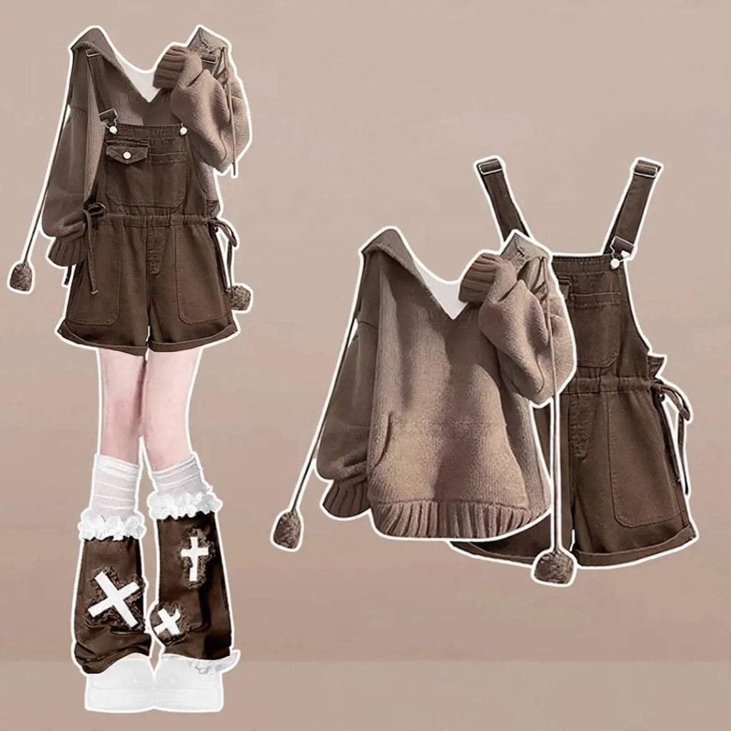 Brown Hooded Sweater and Denim Overall Shorts Set, styled outfit on model with beige background
